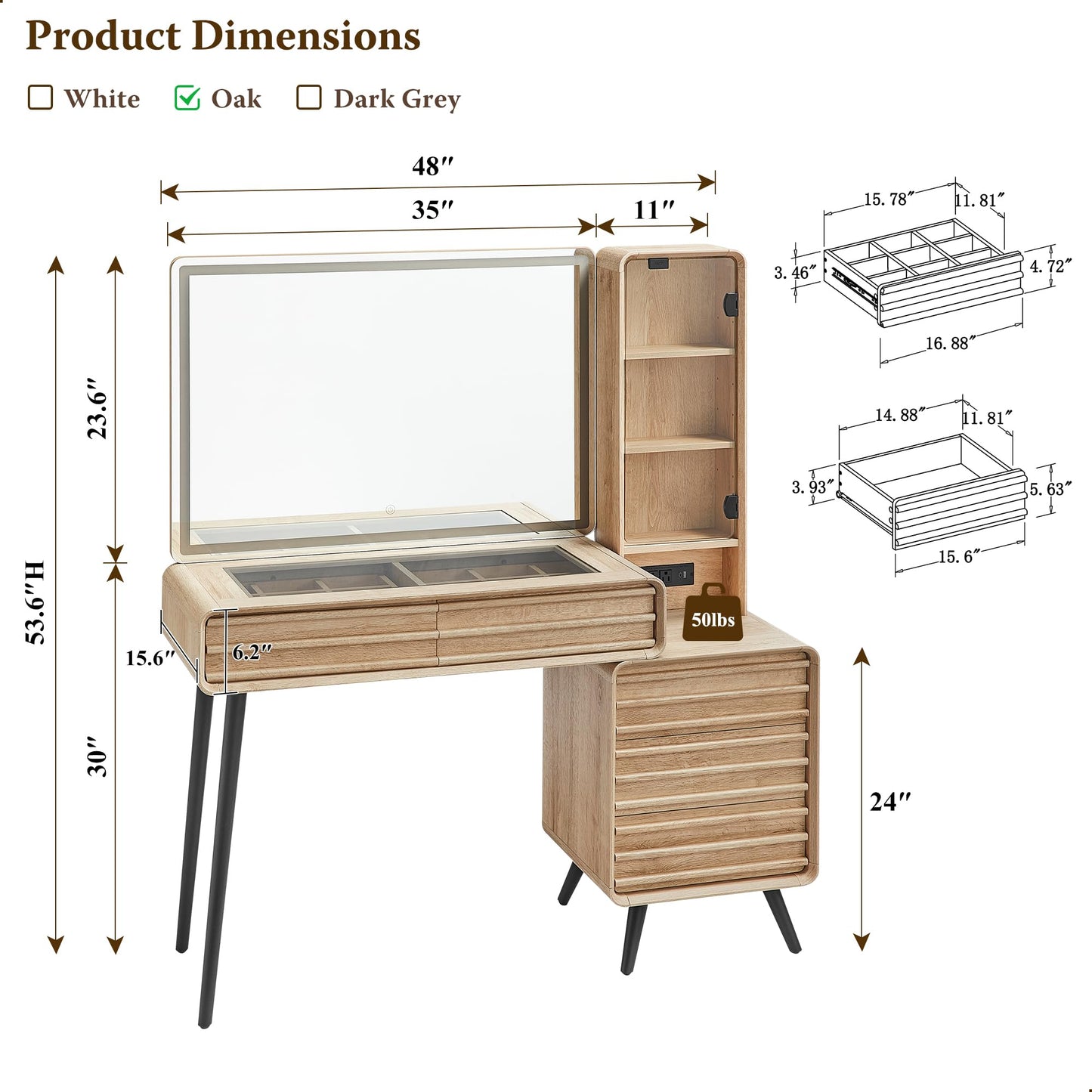 Fluted Makeup Vanity Desk with Large 35" HD Lighted Mirror, 48" Mid Century Modern Glass Top Vanity Table with 5 Drawers & Adjustable Shelf, Dressing Table w/Charging Station for Bedroom, Natural Oak