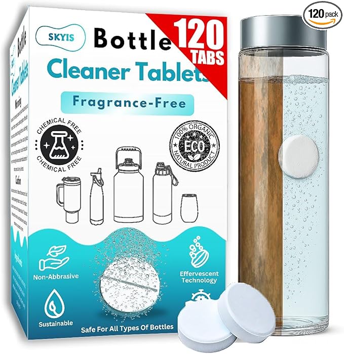 120 Count, Odor & Stain Remover for Stainless Steel, Tumblers, Thermos & Glass Bottles – Effervescent Deep Cleaning Tabs, No Scrub Needed, Water Bottle Cleaner Tablets, Chlorine-Free