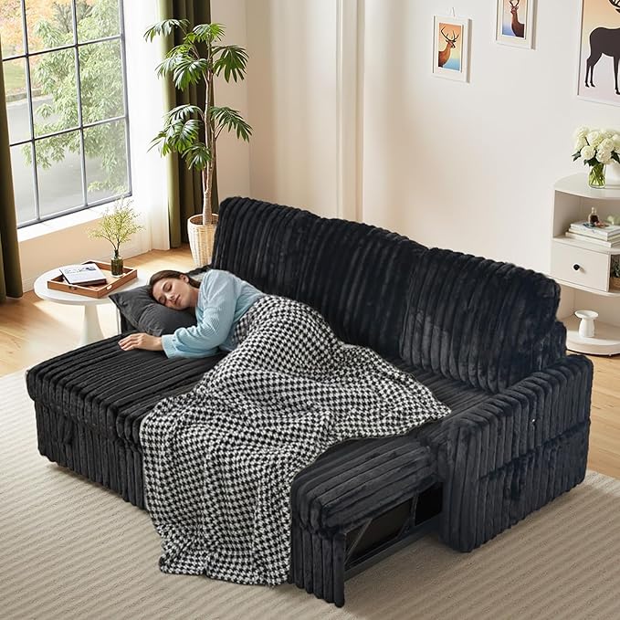 Sleeper Sofa Bed, 81” Pull Out Couch Bed with Reversible Storage Chaise, 3 in 1 L-Shaped Couch with Charging Station, Cup Holder, Side Pocket, Plush Corduroy Couches for Living Room(Black)