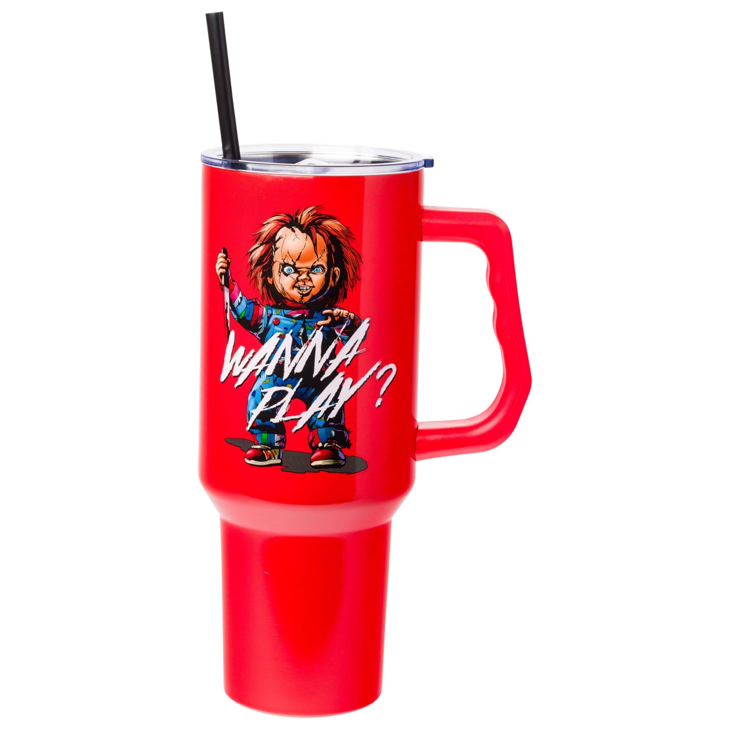 Silver Buffalo Chucky Wanna Play Stainless Steel Tumbler with Handle and Straw, Fits in Standard Cup Holder, 40 Ounces