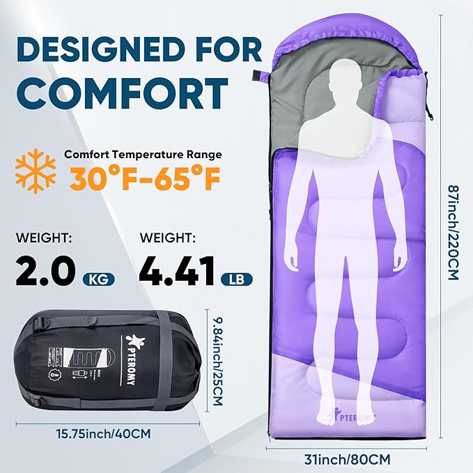 PTEROMY Sleeping Bags for Adults, Lightweight and Machine Washable, Water Resistant Backpacking Camping Sleeping Bag for Warm Cold Weather, Camping Essentials for Hiking Travel