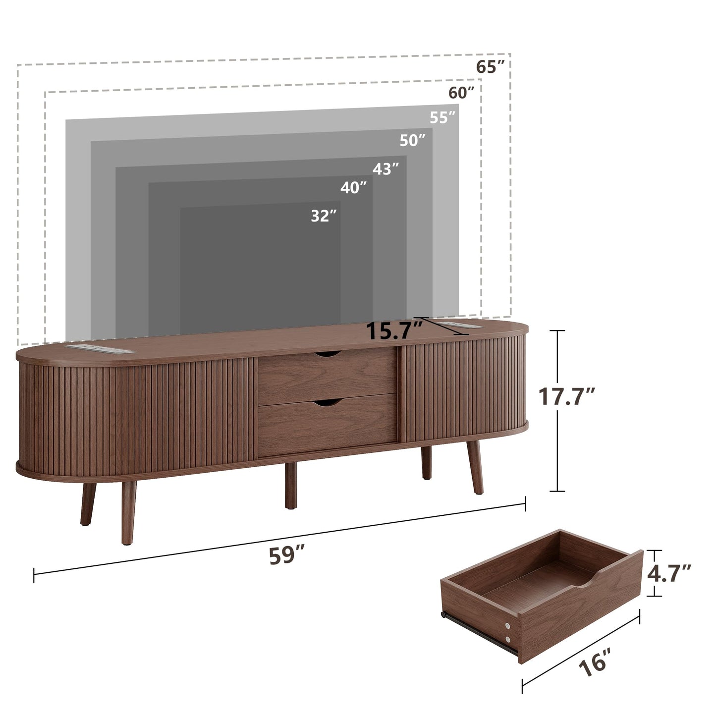 Alohappy 59" Mid Century Modern TV Stand with Charging Station, Curved Edge Fluted TV Media Console Table with Drawer and Shelf, Farmhouse Entertainment Center for Living Room, Bedroom, Walnut