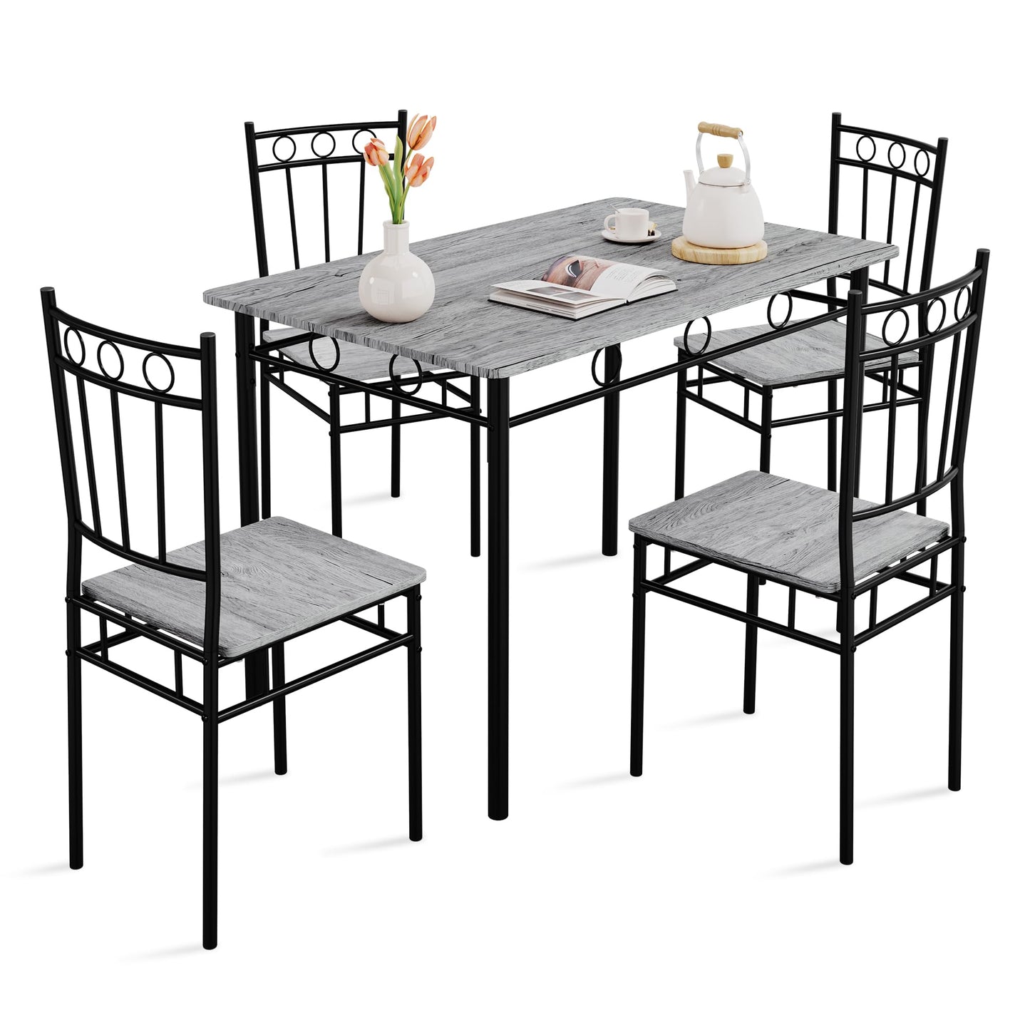 Vipbear Kitchen Dining Table Set for 4, 5-Piece Kitchen Table Set,Dining Room Table Sets,Rectangular Kitchen Table Set with 4 Chairs for Small Space, Dinette,Apartment,Rustic Grey