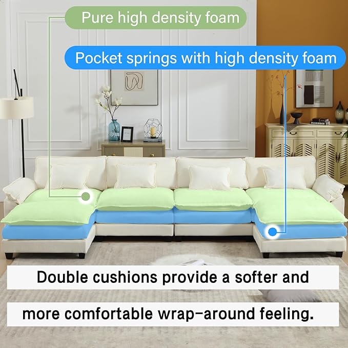 Oprisen 154" Modular Sectional Sofa, Comfy Cloud Couch Sectional Sofa with Ottoman, Chenille Sofa Sleeper Deep Seat Sofa with Throw Pillows for Living Room (Beige White, 154"- U Shape)
