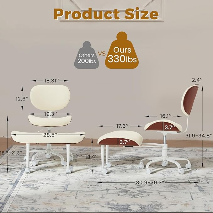 EROMMY Criss Cross Chair with Wheels Retractable footrest, Wide and Thickened ADHD Chair, Ergonomic Cross Legged Kneeling Desk Chairs for Meditation Yoga, Beige & Brown