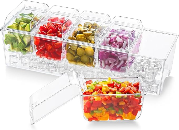 Lifewit Ice Chilled Condiment Caddy with 5x 20oz(2.5 cup) Containers, 15.3" Condiment Server with Separate Lids, Serving T...