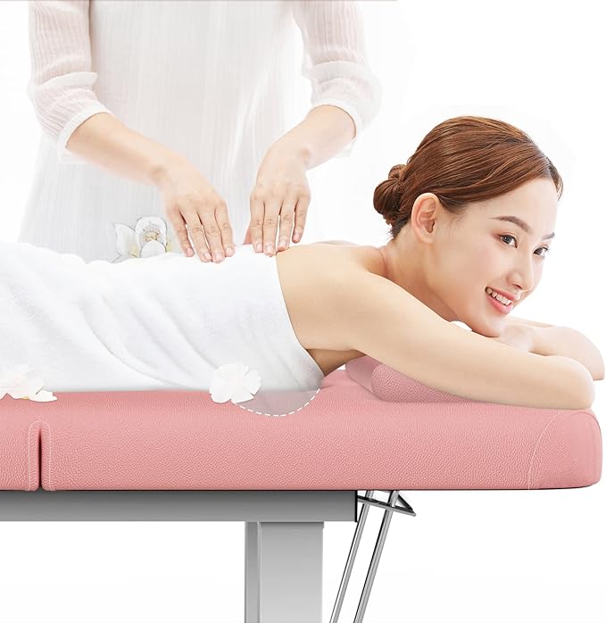 Stationary Massage Table with Backrest and Storage Space, 6 Square Legs Metal Frame PU Leather, 31.5'' Wide × 75'' Long for Treatment Table Physical Therapy Table Spa Facial Bed, Pink