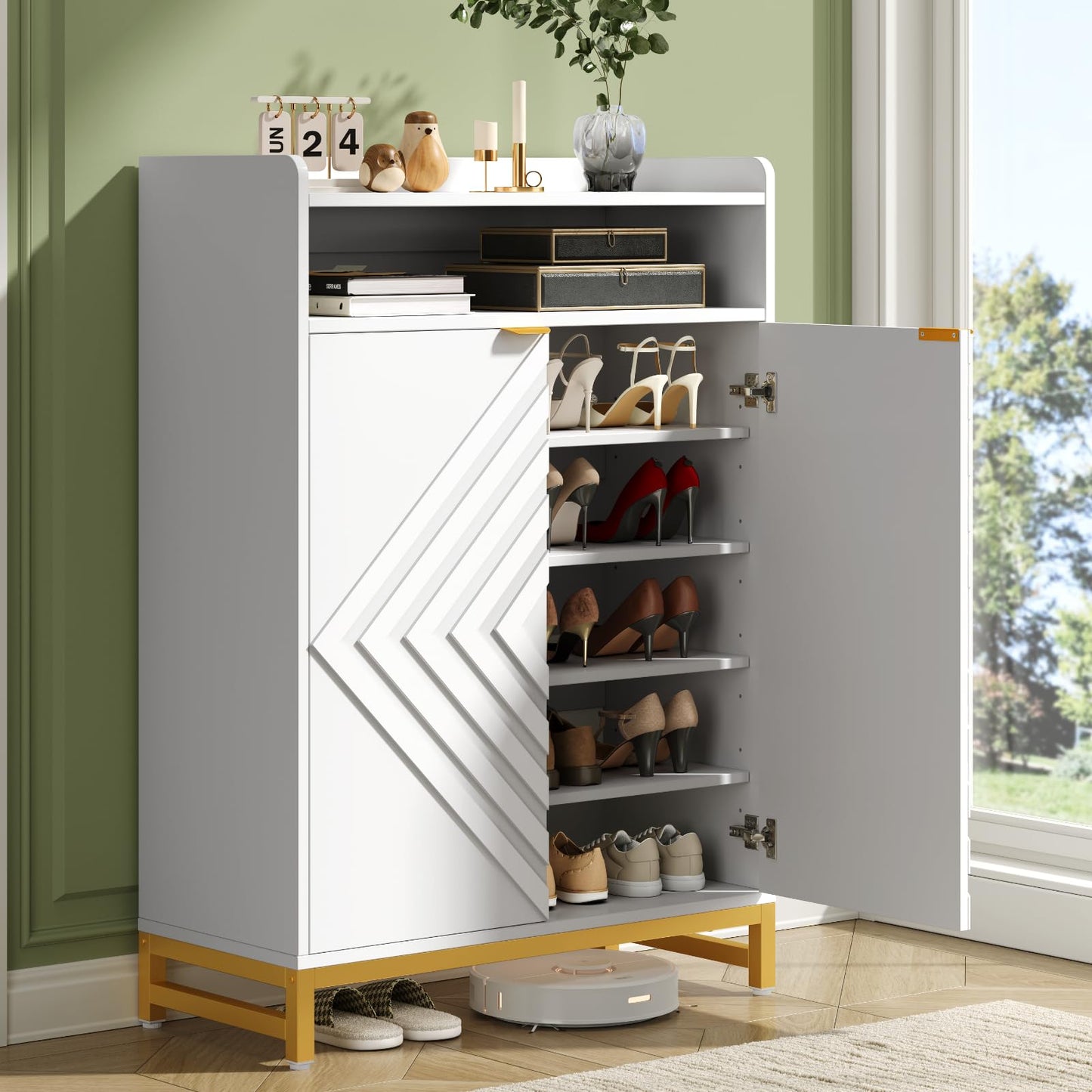 ONBRILL Shoes Cabinet for Entryway,6-Tier Shoe Storage Cabinet with Hombus Line Doors and Adjustable Shelves, Wooden Shoes Rack Modern Shoe Storage Organizer for Hallway, Living Room, White & Gold