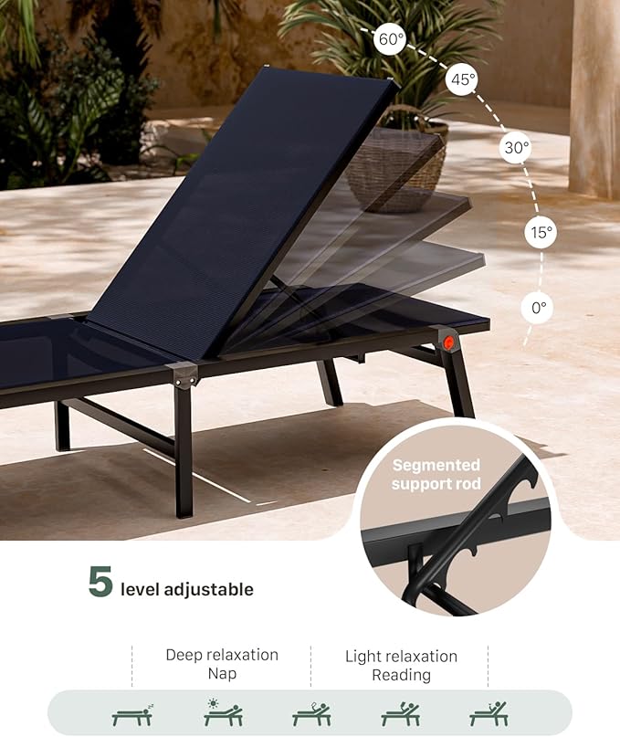 Aluminum Patio Chaise Lounge Chair Set of 2 with Side Table,5-Position Adjustable Backrest,Foldable Lounge Chair Outdoor,Pool Lounge Chairs for Poolside,Lawn,Deck,Beach (Navy Blue, 2 Pack+Table)
