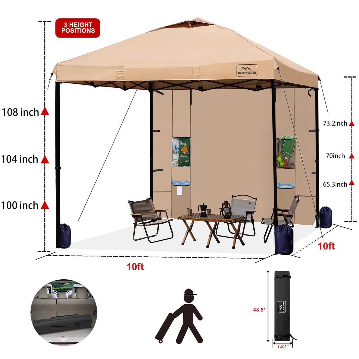 KAMPKEEPER 10x10 Pop Up Canopy Tent with Sidewall - Easy Setup Sun Shelter, Outdoor Shade with Vented Roof for Backyard | UV & Rain Portable Instant Camping Beach Canopy Tents (Khaki)