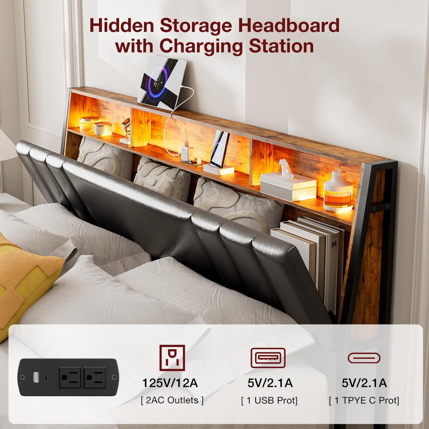 AOVSA California King Bed Frames with Ergonomic Hidden Storage headboard & Dustproof Drawers, Upholstered Cal King Platform Bed with LED Lights and Charging Station, No Box Spring Needed, Black