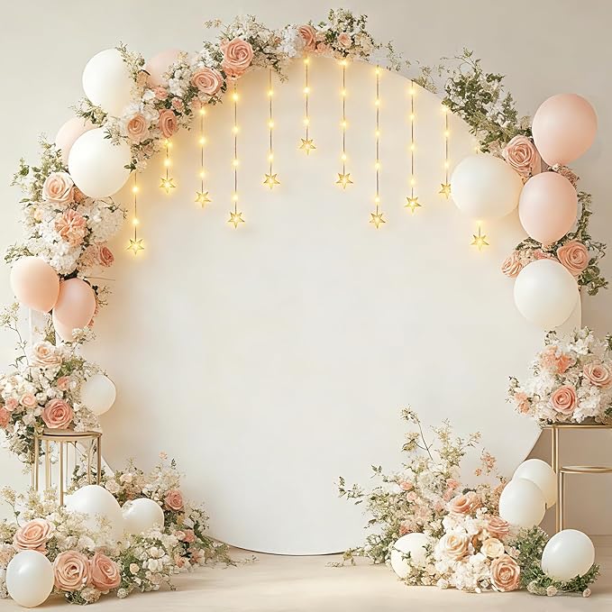 Patioman 7.2FT White Round Backdrop Cover with Fairy Lights for Wedding Arch Stand, Wrinkle-Resistant Circle Balloon Arch ...