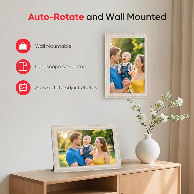 Frameo 10.1" WiFi Digital Picture Frame with 32GB Memory, 1280 x 800 IPS HD Touch Screen Electronic Photo Frame, Auto-Rotate, Slideshow, Share Photos/Video Remotely Anywhere White Wood Grain
