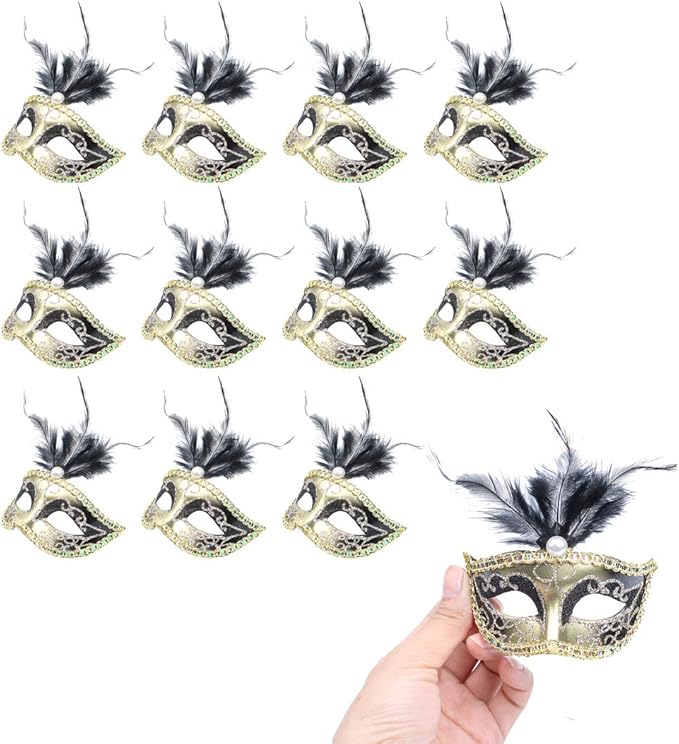 Hophen 24 Pieces Decorative Mini Masquerade Mask Party Decorations Luxury Feather Mardi Gras Venetian Mask Party Favors (B...
