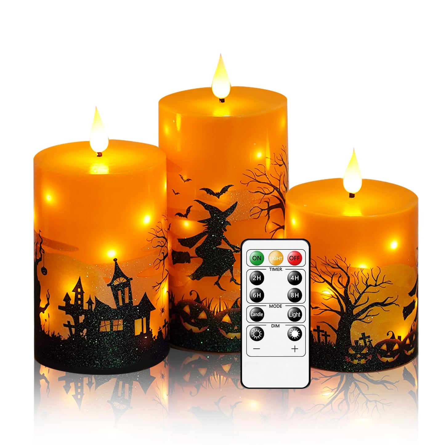 Sasigeiaa Halloween Flameless Candles with Remote - Orange LED Candles & String Lights, Battery Operated Set of 3 (D3 x H4/5"/6") for Window Decor, Halloween Decoration,Living Room Decoration