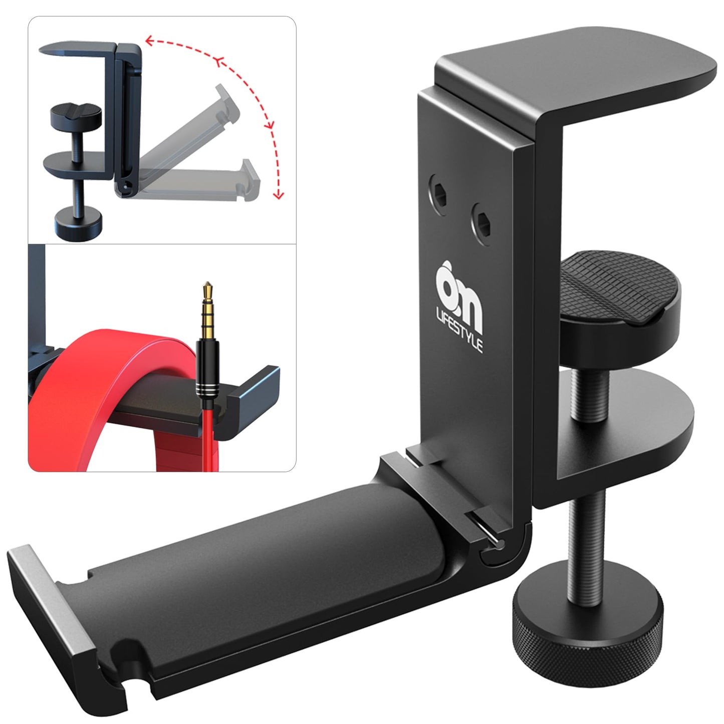 6amLifestyle Foldable All Aluminum Headphone Hook Holder for Desk, Under Desk Headphone Hanger Stand with Cable Organizer, Heads