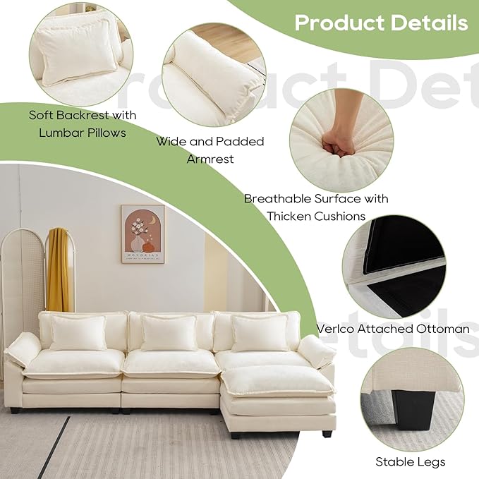 Oprisen 120" Modular Sectional Sofa, Comfy Cloud Couch Sectional Sofa with Ottoman, Chenille Sofa Sleeper Deep Seat Sofa with Throw Pillows for Living Room (Beige White, 120"- L Shape)