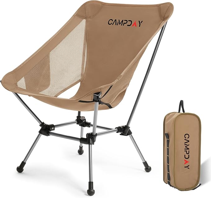 Campday Camping Chair Portable Hiking Ultralight Backpacking Small Lightweight Folding Chair for Outdoor Camp Hunting Beach Picnic Concert, Supports 330lbs (Khaki,1PCS)