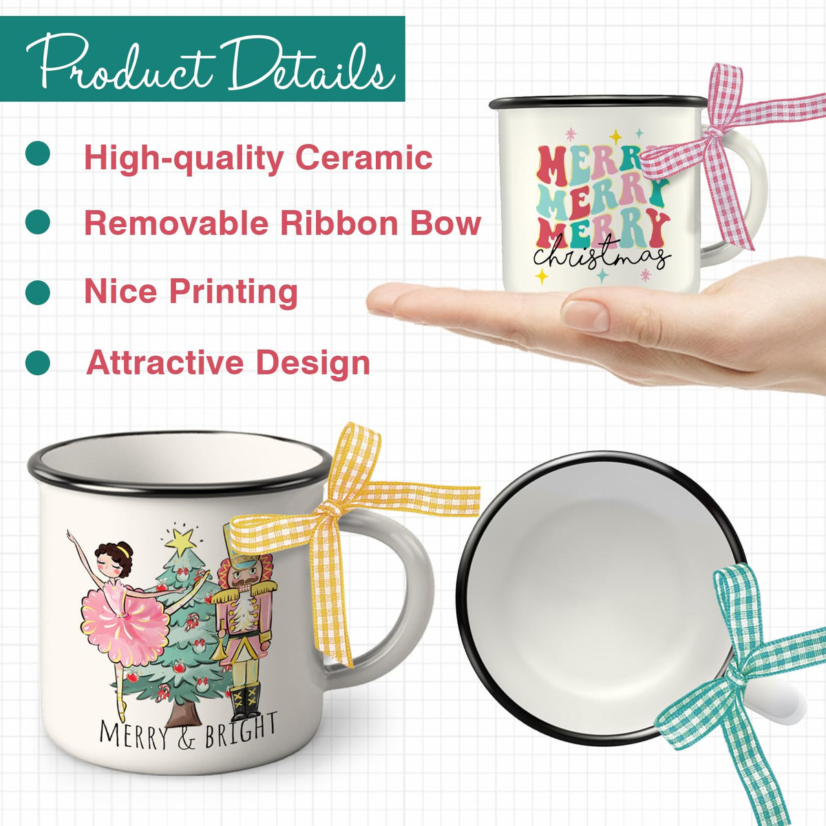 Paayna Merry Christmas Nutcracker Mini Coffee Mug Set of 3, White Xmas Tree 5 oz Mini Coffee Cups for Tiered Tray Decor, Winter Holiday Kitchen Coffee Bar Decorations Housewarming Gift