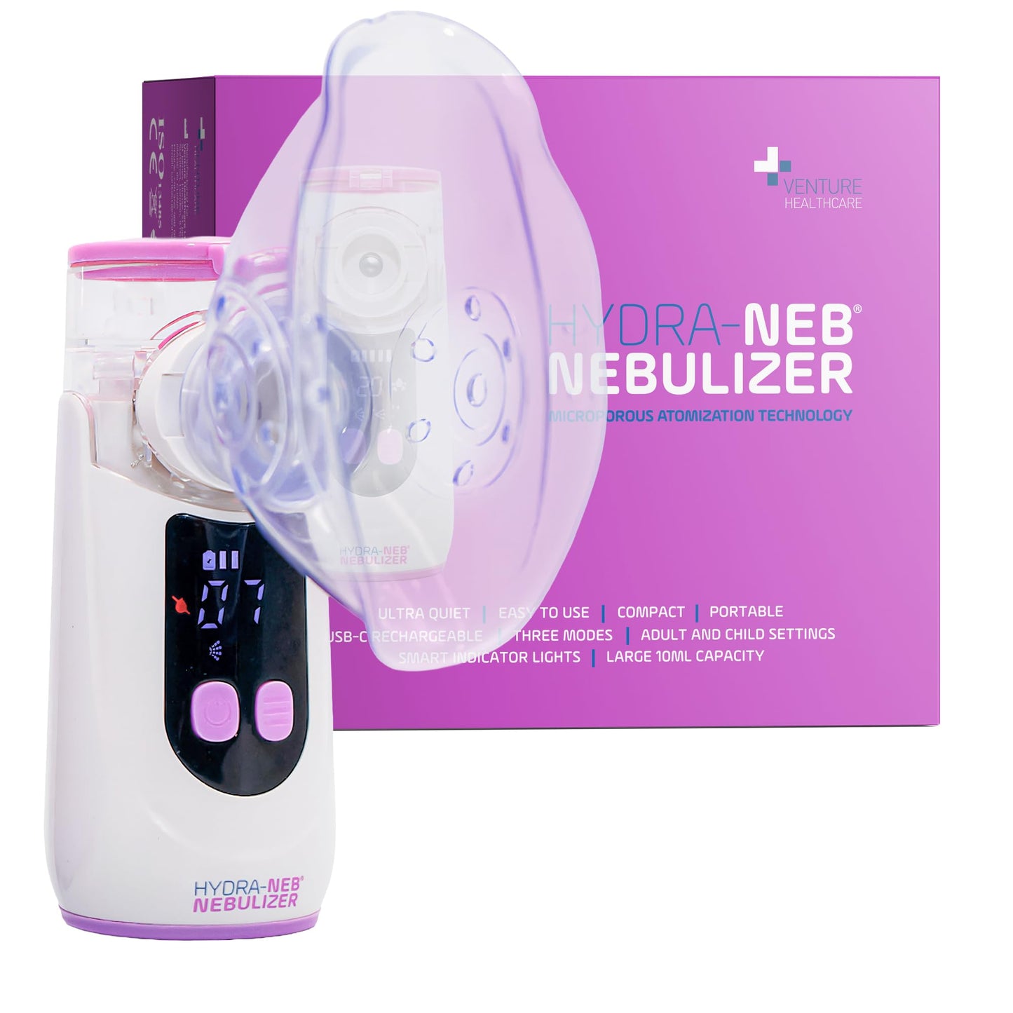 Hydra-Neb Portable Mesh Nebulizer for Adults, Babies, Infants & Kids, with LED Screen, Quiet, Self-Cleaning & Re-Chargeable, Compatible with Saline Solution, Moisturizes Airways