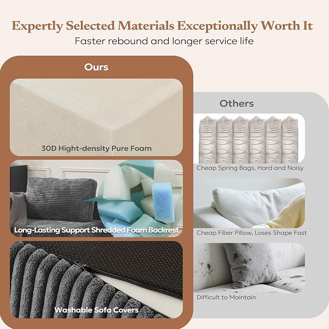Furnify Loveseat Sofa, Cloud Modular Sofa Couch, Upholstered Floor Sofa with Deep Seat, Upholstered Foam Couch for Bedroom Living Room, No Assembly Required (Plush Corduroy Fabric, Grey)