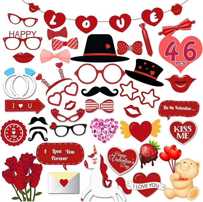 Leesgel 42 Pieces Valentine Photo Booth Props, Valentines Wedding Photo Booth Prop with Sticks and Banner, Red Heart Party...