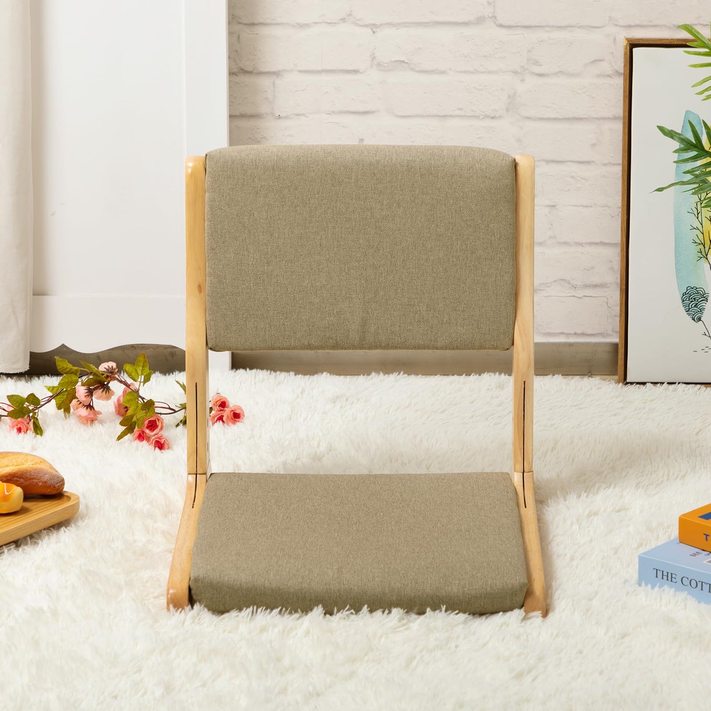 HollyHOME Foldable Japanese Style Floor Chair with Back Support, Tatami Chair with Cushion, Meditation Seat for Bay Window, Living Room, Bedroom, Dark Grey