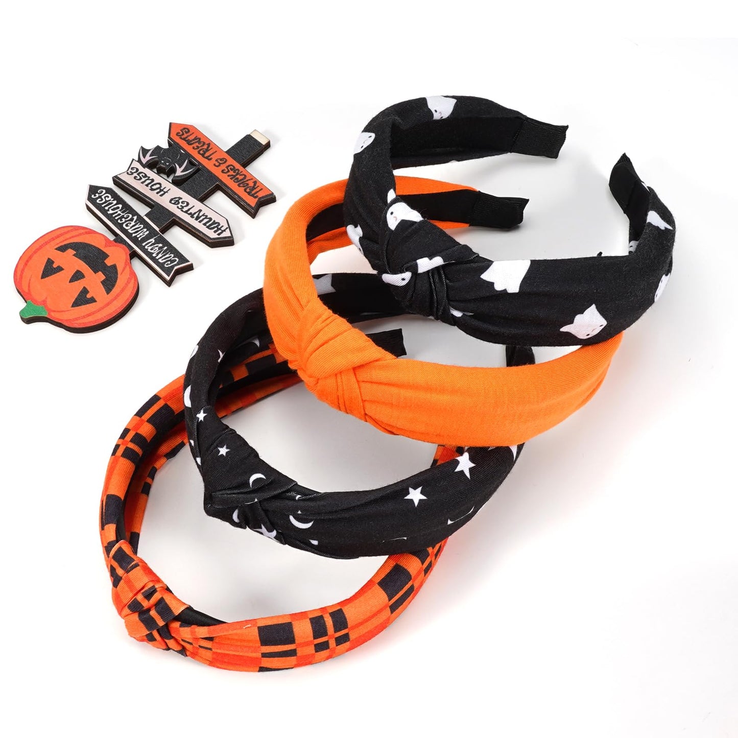 Halloween Headbands for Women Ghost Moon Star Wide Knot Heabdand for Teen Girls Fall Orange Plaid Hair Accessories Hair Hoop Hal