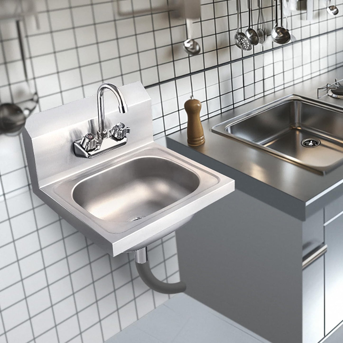Vexalify Stainless Steel Sink Commercial Wall-mounted Wash Basin With Gooseneck Faucet And Backsplash for Restaurants, Shops, Bars and Homes