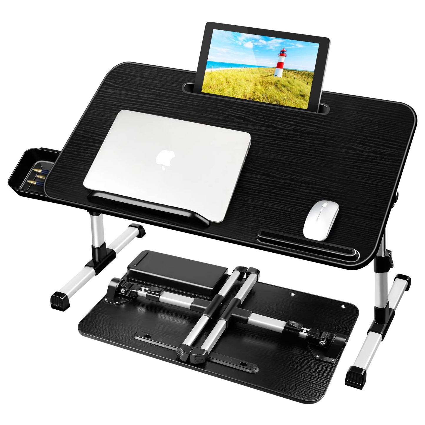AirOpen Laptop Desk for Bed, Adjustable Height and Angle, Lap Desk with Tablet Stand and Drawer, Fits Laptop up to 17.3", Stand for Bed, Couch, Floor (23.6" x 13.4", Black)