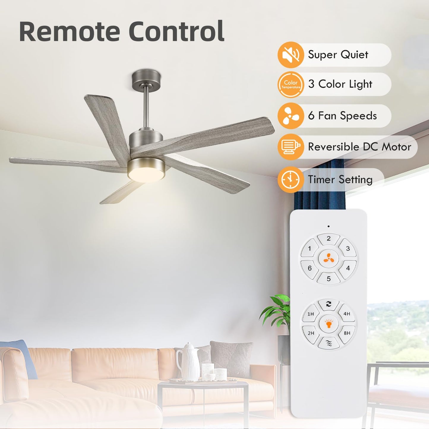 WINGBO 64" ABS DC Ceiling Fan with Lights, 5 Blade ABS Wood Grain Ceiling Fan with Remote, 6-Speed Reversible DC Motor, LED Ceiling Fans for Kitchen Bedroom Living Room, Antique Nickel and Grey