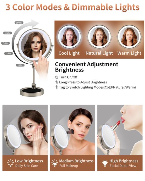 9" Lighted Makeup Mirror,1X/10X Magnifying Vanity Mirror with Height & Brightness Adjustable,Rechargable Makeup Mirror,360°Rotation Double Sided Standing Desk Mirror (Satin Nickel)