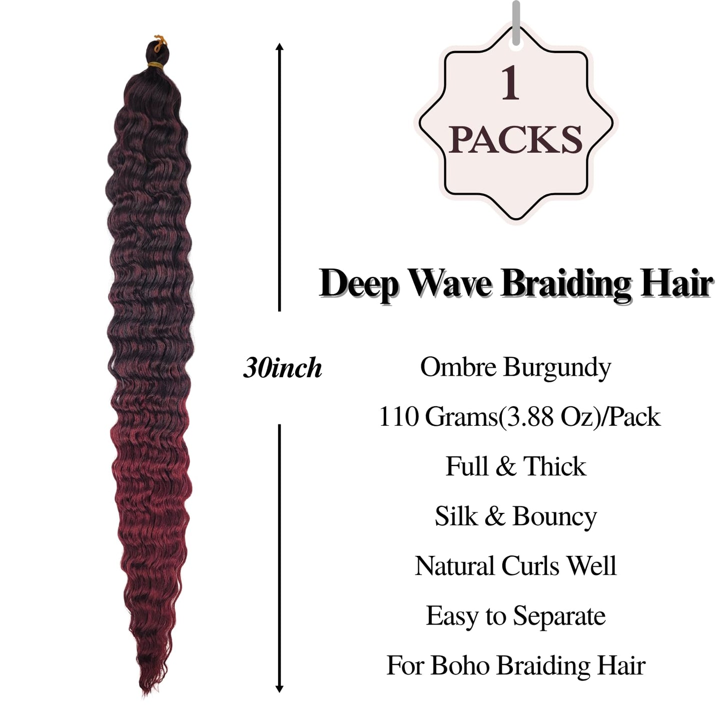 Burgundy Ombre Braiding Hair Pre stretched Synthetic Boho Braiding Hair for Boho Braids(30 inch, Packs of 5)