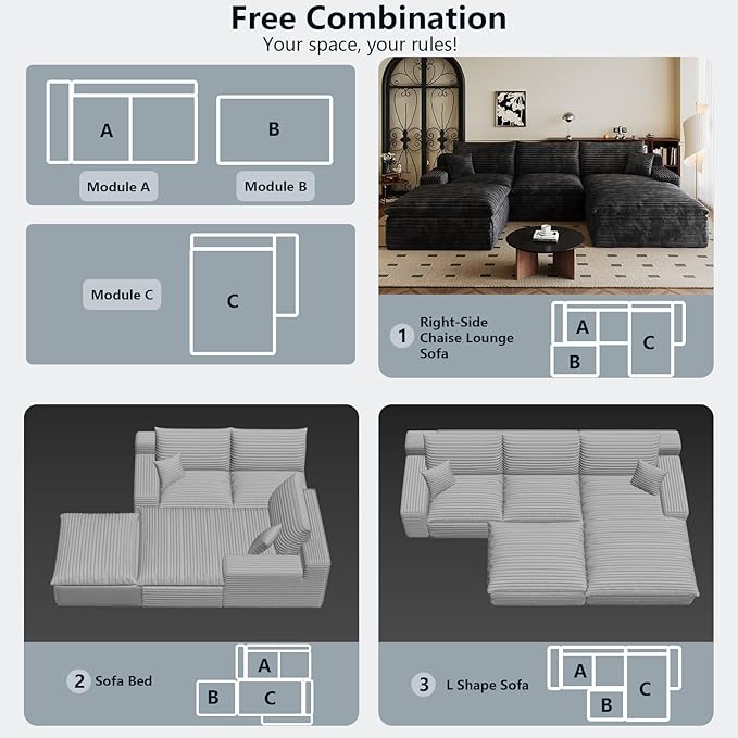 107" Cloud Sectional Couch U-Shaped Chaise with Ottoman, Corduroy Boneless Couch for Living Room Bedroom, Deep-Seat Upholstered Modular Cloud Sofa, No Assembly Required (Black, Right Facing Chaise)