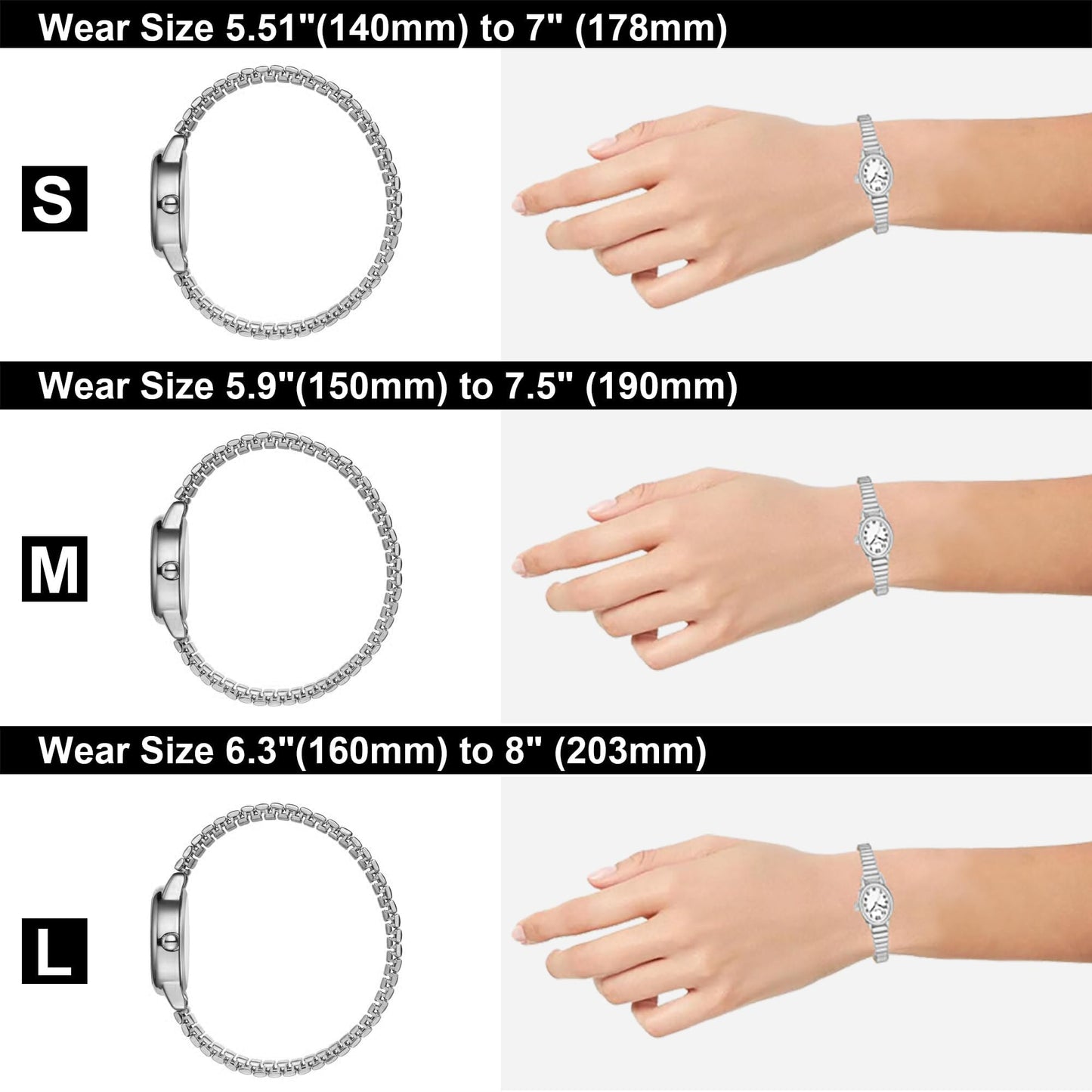Diaofendi Petite Women's Easy Reader Watch, Analog Women Watch with Stainless Steel Expansion Band, Water Resistant (Silver, M(5.9"-7.5"))