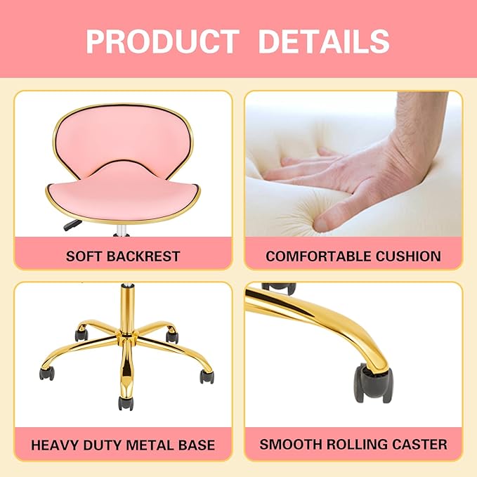Rolling Stool with Back Support, Salon Stool with Wheels for Spa, Cute Swivel Chair for Lash, Nail Tech and Hair Stylist, Height Adjustable Chair for Massage Beauty Makeup-Pink