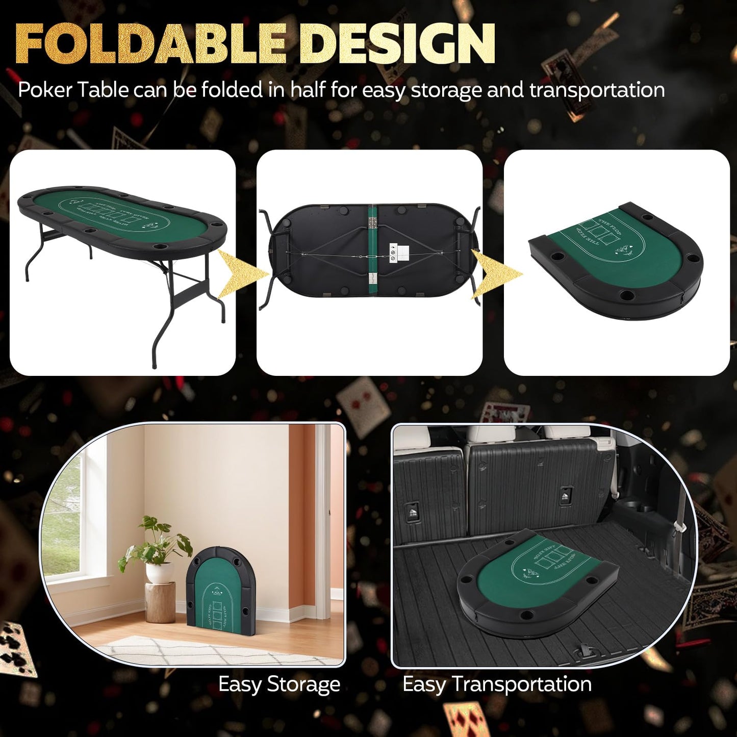 FAHKNS 72" Portable Poker Table, Folding Poker Table, 8 Player Texas Holdem Blackjack Table with 8 Cup Holders, Padded Surface for Casinos & Home