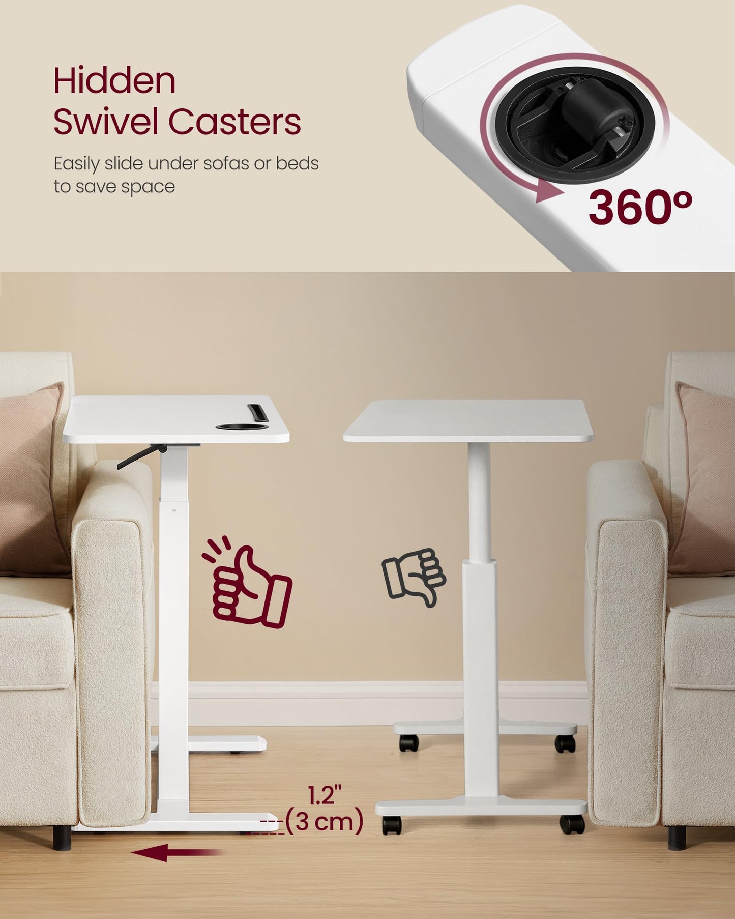VASAGLE Overbed Table with Wheels, Mobile Standing Computer Desk, 31.5 x 17.7 Inches Tabletop, Adjustable Height, 2 Cup Holders, Phone and Tablet Slot, Cloud White ULSD601W01