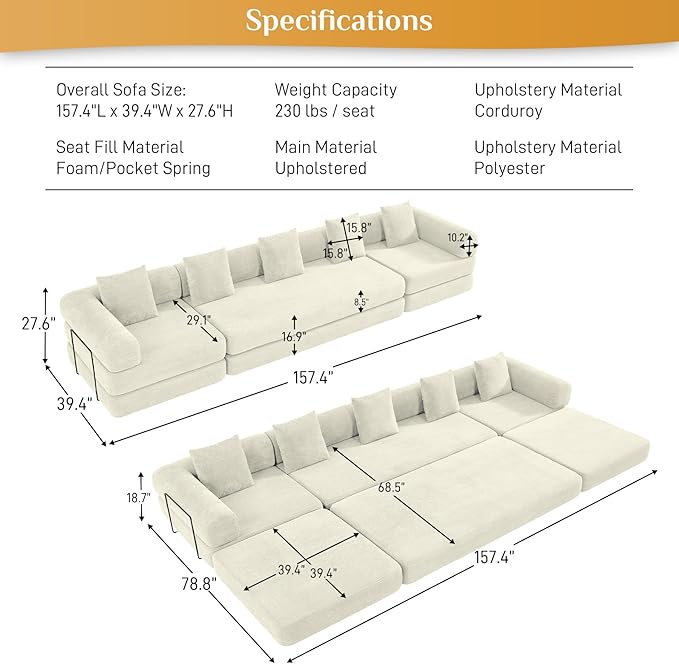 DAMAIFROM 157" Convertible Sleeper Sofa Bed Set with Pillow, 4-in-1 Corduroy Folding Mattress Boneless Couch with Fixed-Shape Frame, Fold Out Floor Sofa Cama Lounge Couch for Living Room, Beige White