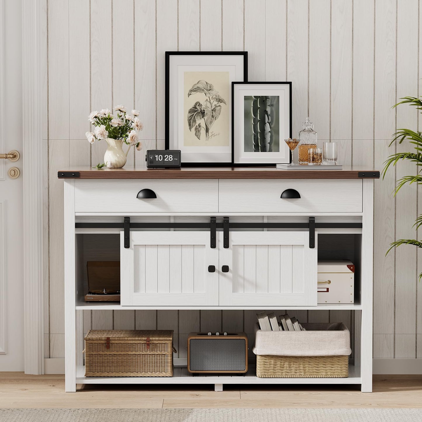 AntsandAnts Farmhouse Console Table with Sliding Barn Doors & 2 Drawers,Rustic Entryway Table for Living Room, Hallway, Foyer,Sofa Table with Adjustable Shelf & Open Storage, Industrial Design