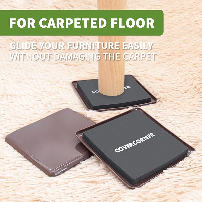 COVERCORNER Furniture Sliders for Carpet 8 PCS - 5 inch Furniture Moving Slider Chair Legs Floors Protectors Square Furniture Movers Sliders – Move Your Furniture Easy & Safely(for Carpet)-Brown