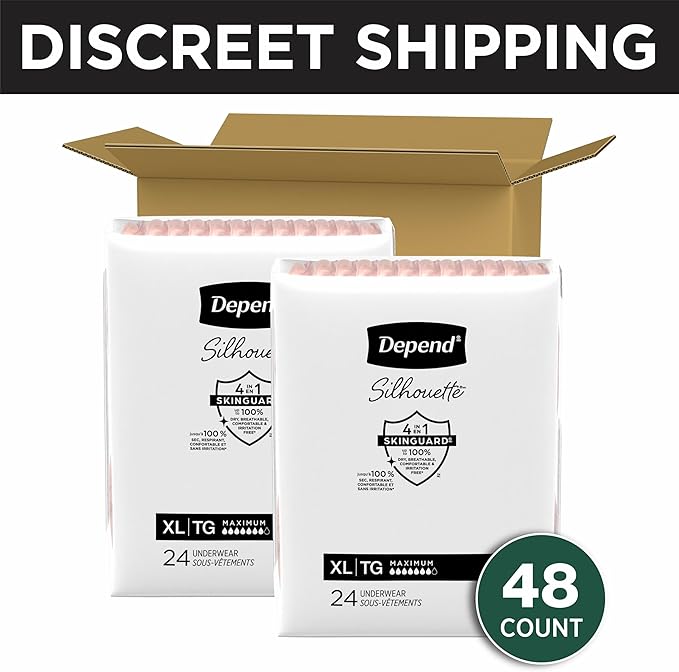 Depend Silhouette Adult Diapers, Incontinence & Postpartum Bladder Leak Underwear for Women, Maximum Absorbency, Extra Large, Pink, 48 Count (2 Packs of 24), Packaging May Vary
