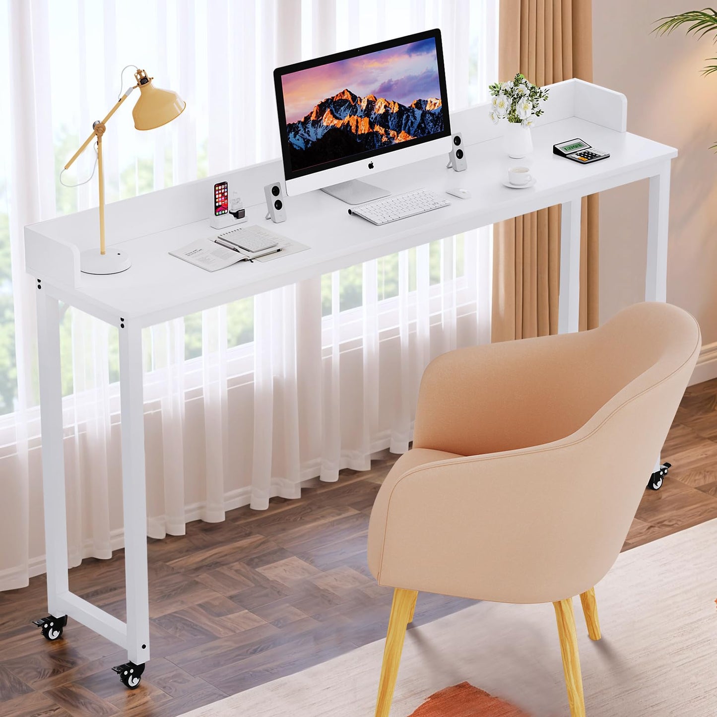 Arlopu Overbed Table with 360° Wheels, Queen Size Mobile Bed Desk with Heavy Duty Metal Leg, Sturdy Laptop Cart & Dining Table for Bedroom, Living Room, Hospital Use (White)
