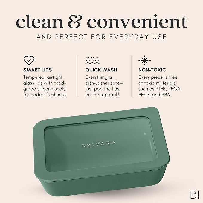 Ceramic Coated Glass Food Storage Container | No PTFE, PFOA, PFAS, and BPA | Reusable Non Toxic Meal Prep Container with Glass Lid | Easy To Store | 5 Cup Square [Pine]