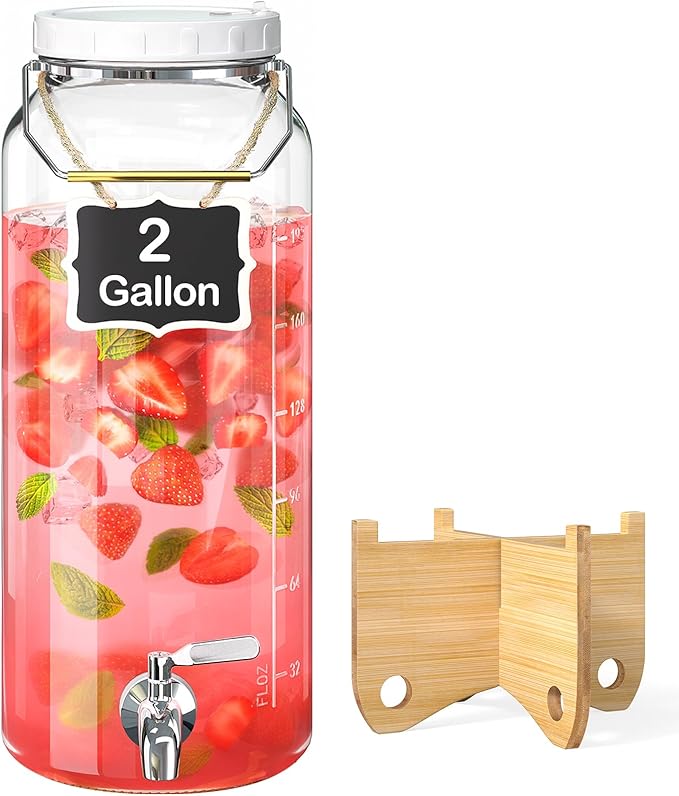 2 Gallon Drink Dispenser for Parties（7600ML）, 1 Pack Leak Proof Beverage Dispenser with Stand AND Handle, Glass Water Disp...