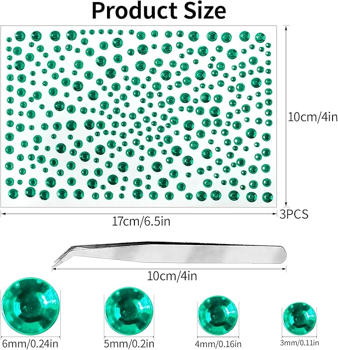 Rhinestone Stickers for Crafts Face Gems Pearls for Makeup Stick on Body Clear Crystal Tweezers Decals 3/4/5/6MM Dark Green Hair Nails Craft DIY Gems for Nails Makeup Decor 975PCS