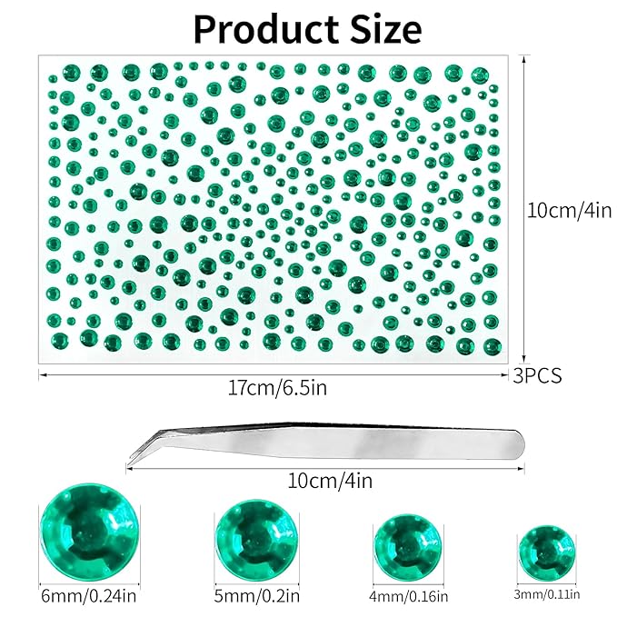 975Pcs Face Gems Hair Gems, Self-Adhesive Face Jewels Eye Jewels Rhinestones 3/4/5/6 mm DIY Face Gems Stick on, Hair Body Rhinestones Gems Crystals Pearls for Face Makeup, Crafts (gem_DarkGreen)