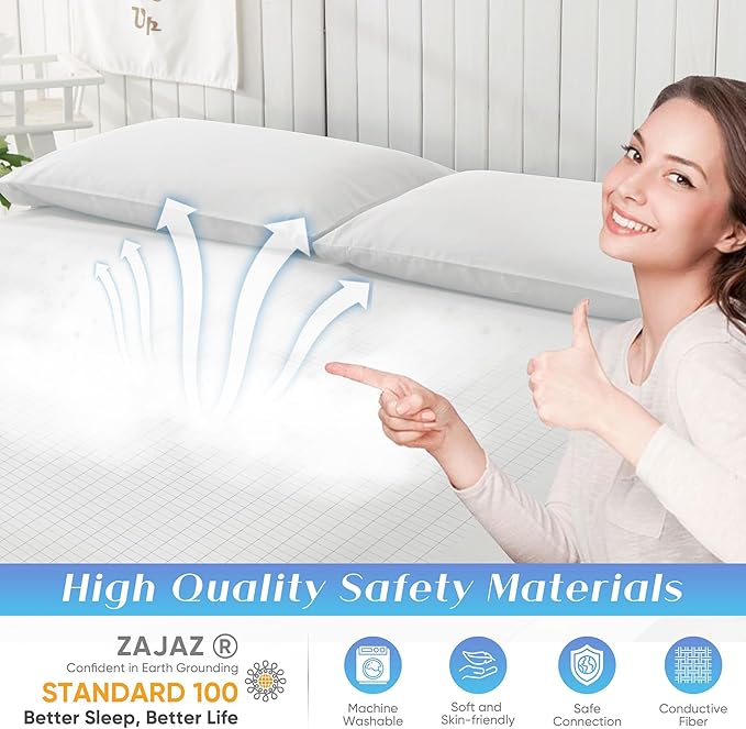 Grounding Sheet Queen Size - 95% Organic Cotton + 5% Pure Silver Fiber, Earth Connected Bedding (60"x 80"x 13" White) Fitted with Cord