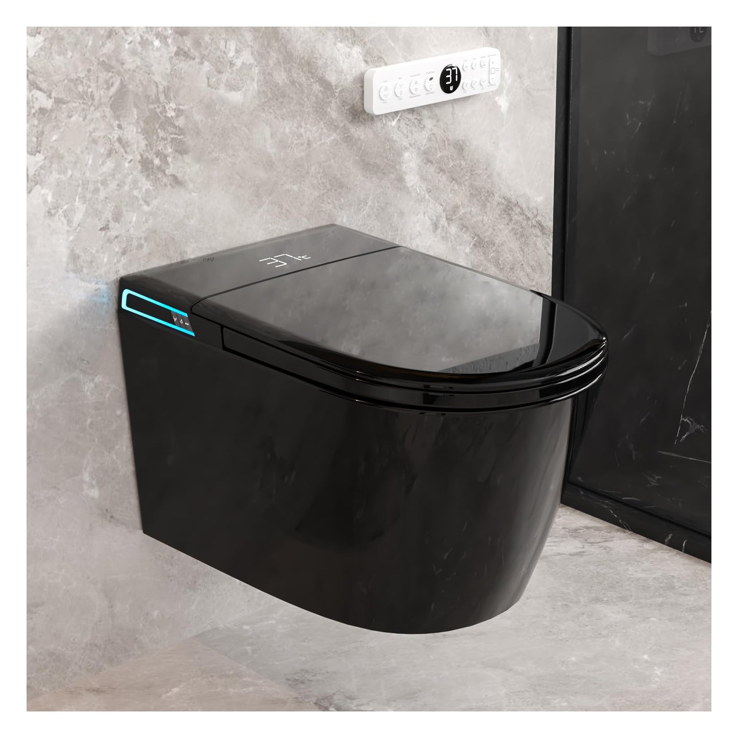SmartSylva Black Smart Wall Hung Toilet Combo,Auto Flush, Auto Open/Close LId,Heated Seat,Warm Water/Dryer, Modern Elongated Bidet Toilet with In wall Carrier (No need to buy an additional Water Tank)