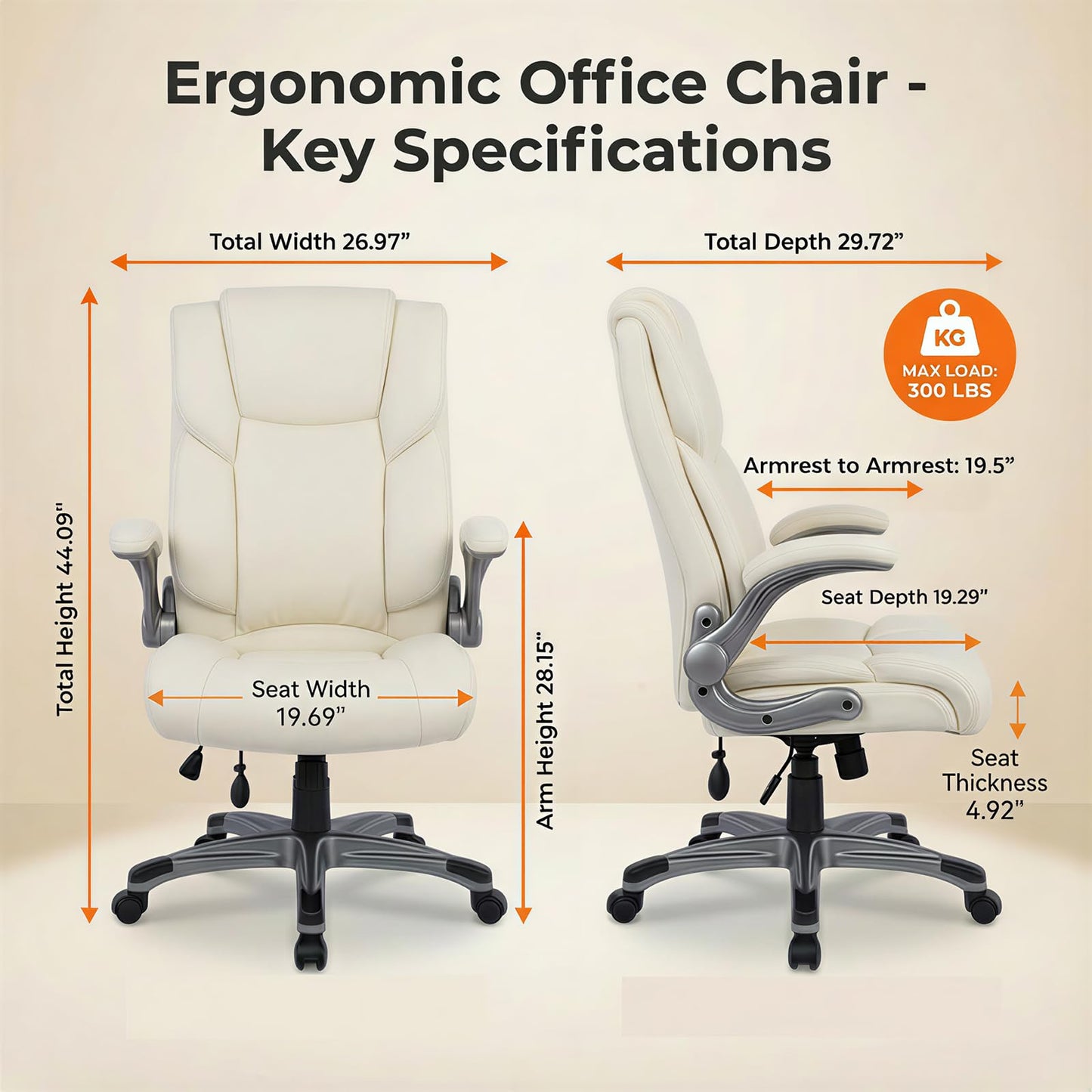 COLAMY Ergonomic Executive Office Chair, High-Back PU Leather Desk Chair with Flip-Up Armrests, Adjustable Inflatable Lumbar Support, Thick Seat Cushion, 90–110° Recline, Pearl White